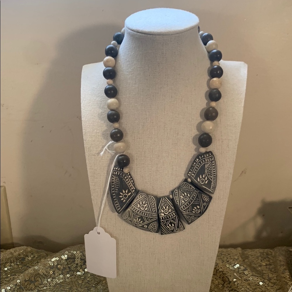 Vintage Wood Beaded Grey and Cream Beaded Necklace